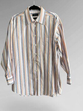 Claiborne Men's Vintage Shirt Peach Gray Striped Button Front Size Large